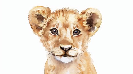 Wall Mural - Joyful Lion Cub Illustration, a vibrant watercolor depiction of a playful lion cub with a cheerful expression, ideal for children's apparel and designs with ample text space.