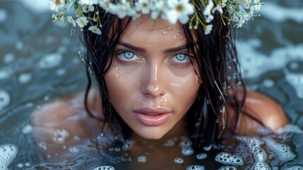 Female with long dark hair and a crown of flowers, partially in water, highlighting the glamour and sensuality of the scene, with a touch of nature and springtime beauty.