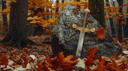 A mystical sword with a golden hilt, embedded in a granite rock surrounded by autumn leaves in a dense forest.