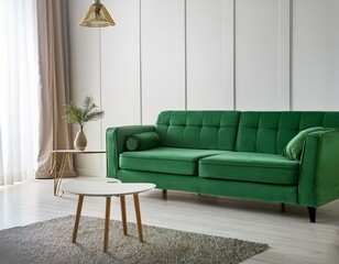 White room with green sofa. Scandinavian interior design. 3D illustration