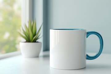 Wall Mural - A white mug with a blue handle sits on a table near a small plant by a window.