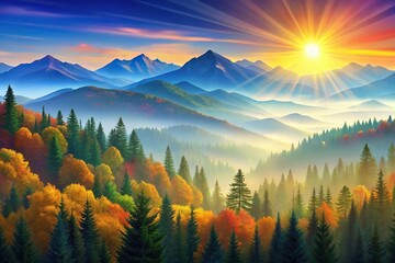 Aerial view of abstract nature background with brightly colored mountains, trees, and sun