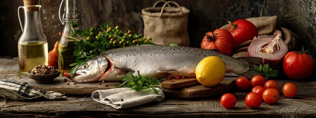 Rustic culinary scene with fresh fish and ingredients