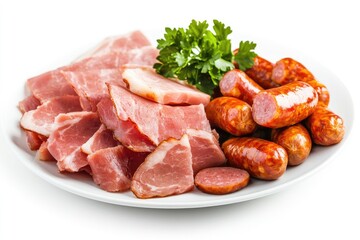 Wall Mural - A plate of sliced bacon and sausages. This image can be used for advertisements or articles about meat products.