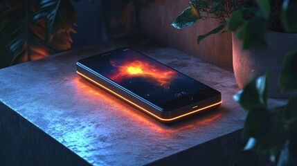 Wall Mural - A smartphone with a glowing edge on a dark surface. Perfect for a futuristic or tech-related project.