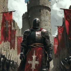 Canvas Print - A lone knight stands before a medieval castle, a symbol of strength and valor.