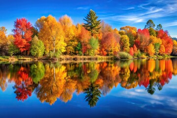 Sticker - Autumn scene of colorful trees reflected in water with blue sky