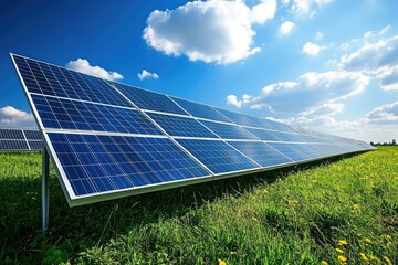 Solar panels in a field. Perfect for articles about renewable energy.