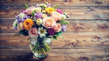 Bird's eye view of pastel flowers in glass vase on wooden table