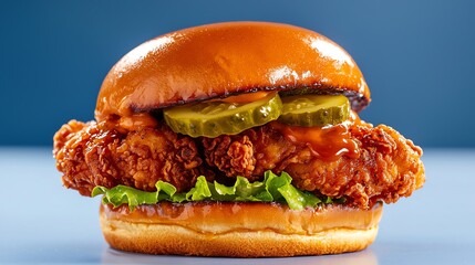 Tantalizing fried chicken sandwich with crispy layers, pickles, and fresh lettuce in a toasted bun against a blue background.