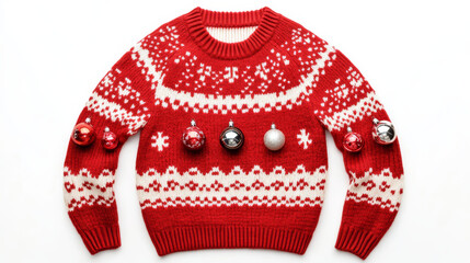 A red knitted Christmas sweater with festive ornaments, isolated on white. A symbol of winter holidays, traditional knitwear for the New Year.