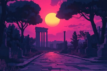 Canvas Print - Stone Pathway Leading to Ancient Ruins at Sunset