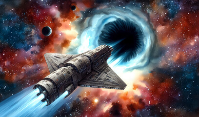 Wall Mural - Watercolor illustration of a futuristic spaceship flying towards a black hole in deep space.