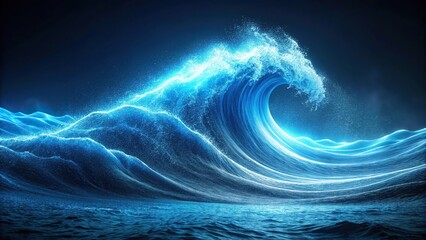 Wall Mural - Blue white illuminated wave on black grainy color gradient background noise texture effect with copy space