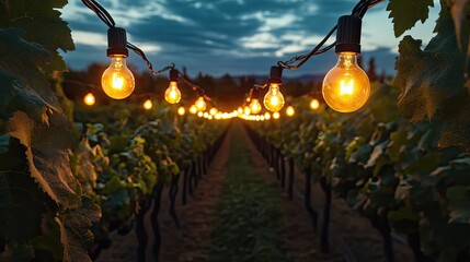 String lights illuminate a vineyard. This image is perfect for projects related to wine, nature, or romance.