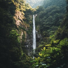 Poster - A majestic waterfall cascades down a rocky cliff, surrounded by lush greenery.