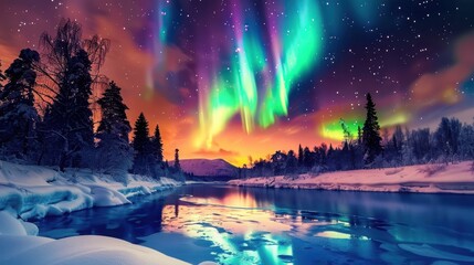 Wall Mural - beautiful landscape with aurora borealis