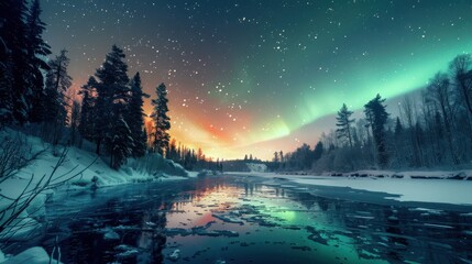 Wall Mural - beautiful landscape with aurora borealis