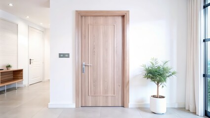 Sticker - Modern Interior Design with Wooden Door, Plant, and Window