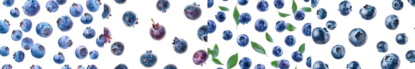 Poster - Selected focus of a falling blueberry on a white background