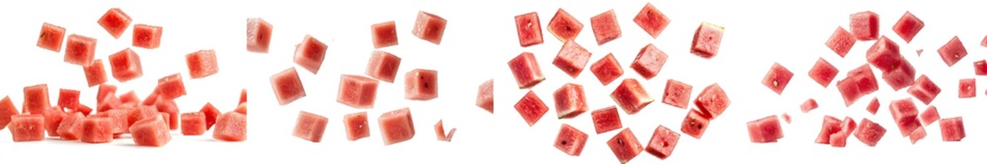 Sticker - Falling Watermelon cubes with selective focus on white background