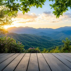 A serene sunset view over lush mountains, framed by vibrant foliage, perfect for nature lovers and tranquil escapes.