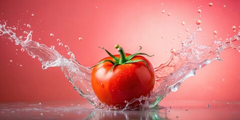 Wall Mural - Close-up of a tomato with water splash on pink background