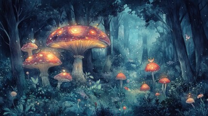 Wall Mural - Enchanted Forest with Glowing Mushrooms