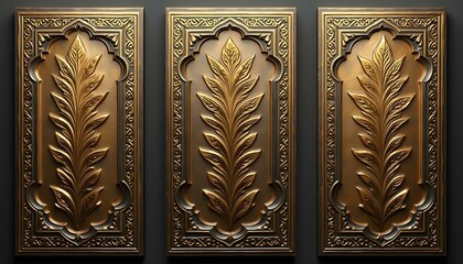 Three brass panels with intricate geometric patterns and a leaf motif 