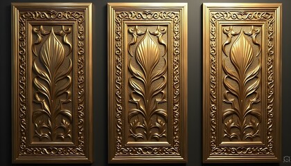 Three brass panels with intricate geometric patterns and a leaf motif 