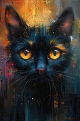 Wall Mural - Abstract Painting of a Black Cat's Face with Yellow Eyes