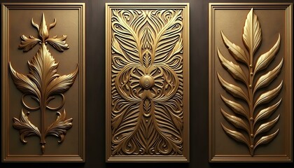 Three brass panels with intricate geometric patterns and a leaf motif 