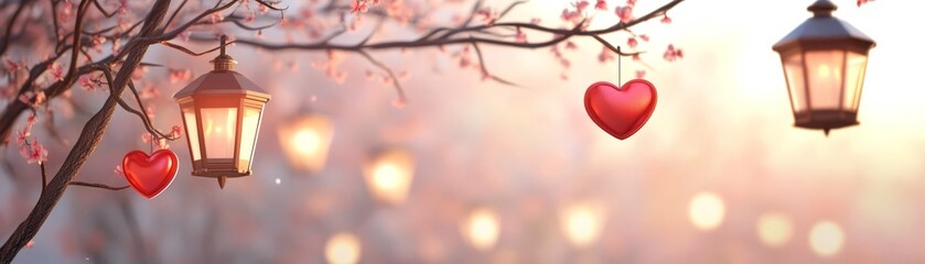 Poster - Romantic Evening with Lanterns and Hearts Hanging on a Tree Branch