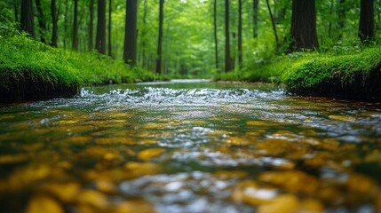 Wall Mural - Whispering Waters: A tranquil forest stream flows gently through a vibrant green woodland, inviting viewers to immerse themselves in the serene beauty of nature. 