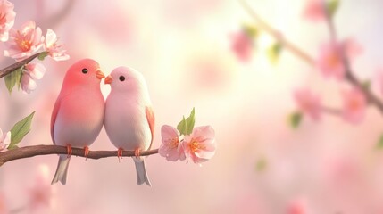 Poster - Two Pink Birds Perched on a Branch with Pink Flowers