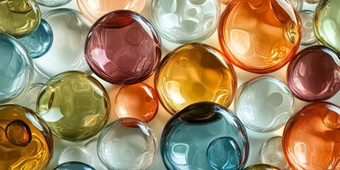 Wall Mural - Colorful glass spheres. Vibrant and reflective abstract design. Composition of transparent orbs with varied hues and sizes