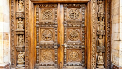 Poster - Intricately Carved Wooden Doorway with Statues