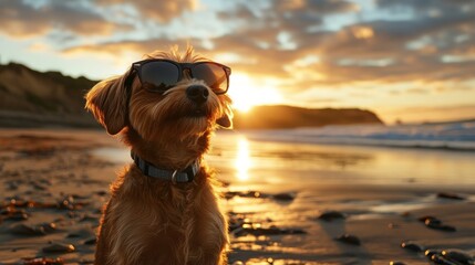 Dog Wearing Sunglasses on the Beach at Sunset