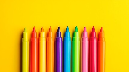 Colorful Markers Arranged in Line on Yellow Background