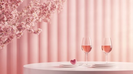 Poster - Romantic Dinner Table Setting with Pink Wine and Heart Decoration