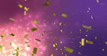 Canvas Print - Golden confetti falling animation over pink and purple starry background