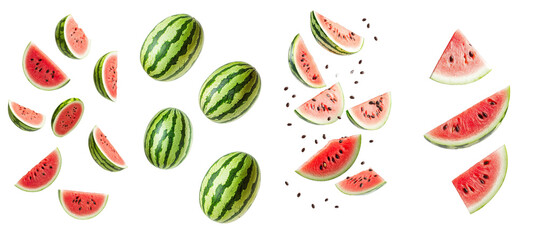 Sticker - Isolated on white background, full depth of field shot, falling watermelon set