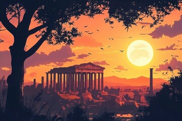 Wall Mural - Ancient Ruins Silhouetted Against a Setting Sun