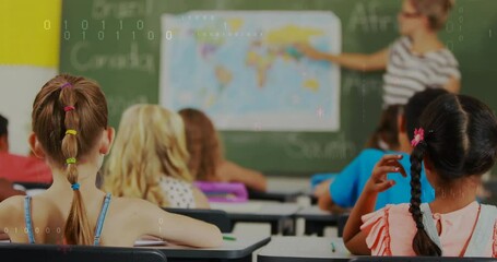 Sticker - Binary code animation over students in classroom with teacher pointing at world map