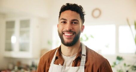 Sticker - Happy, cooking and face of man in kitchen at house for nutrition, health and homemade meal. Smile, chef and portrait of male person from Mexico preparing dinner, supper or lunch food at apartment.