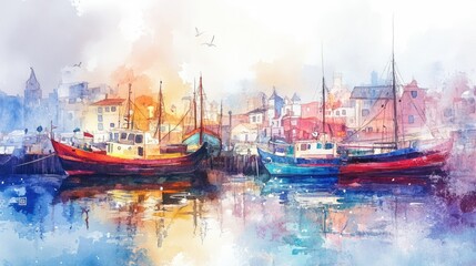 Poster - Watercolor Painting of Boats in a Harbor