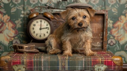 Wall Mural - A cute small dog in a beret sits on a colorful suitcase in a room with an antique clock and a comfortable armchair, creating a charming and whimsical indoor scene.