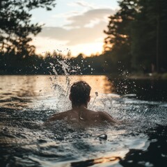 A man swims in a lake during a beautiful sunset. The water splashes around him as he enjoys the cool water.