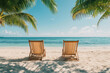 © AllieGraphix - Two beach chairs at the beach with palm trees, ocean, and blue sky.