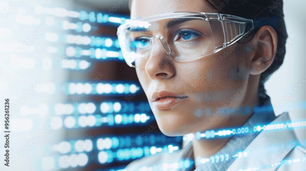 Female Scientist Analyzing Data with Advanced Technology. A focused ...